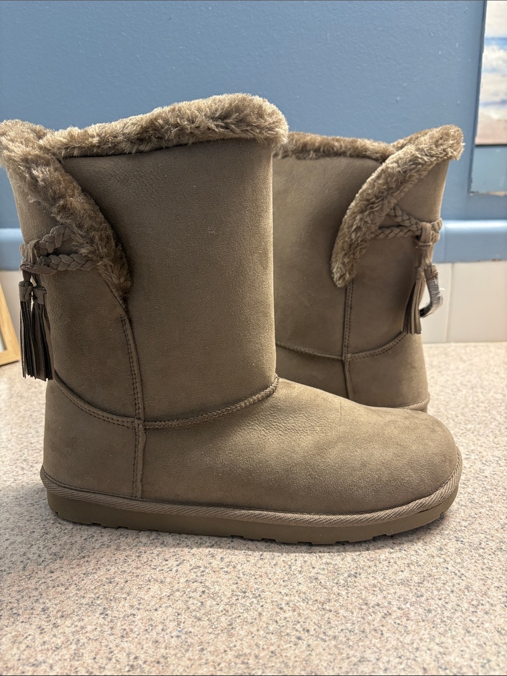 Arizona Jean Company Taupe Faux-Suede Fur-Trim Tassel Short Boots